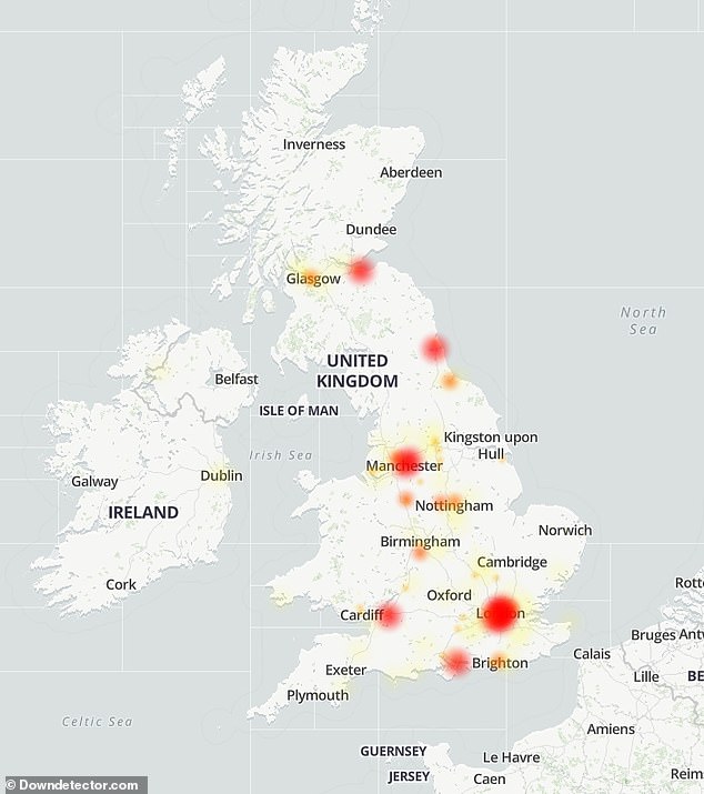 Tuesday's outage: Down Detector shows affected people all over the country, from London to Manchester, Liverpool, Nottingham, Cardiff and Edinburgh.