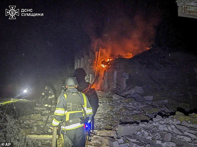 Overnight, Putin for the second day running succession avoided mass drone and missile strikes on Ukraine. Pictured: Firefighters put out the fire of a city hospital following a Russian attack in Sumy region, Ukraine, Tuesday, July 15, 2025