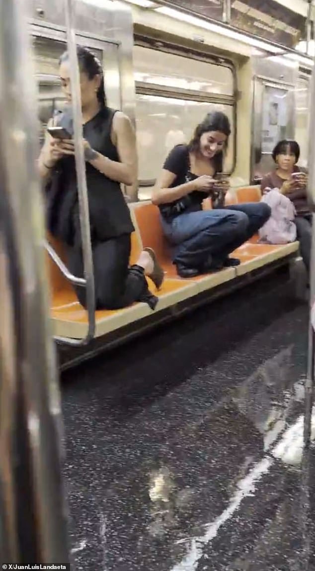 Water could be seen swishing about the floor of one of the subway cars in New York City