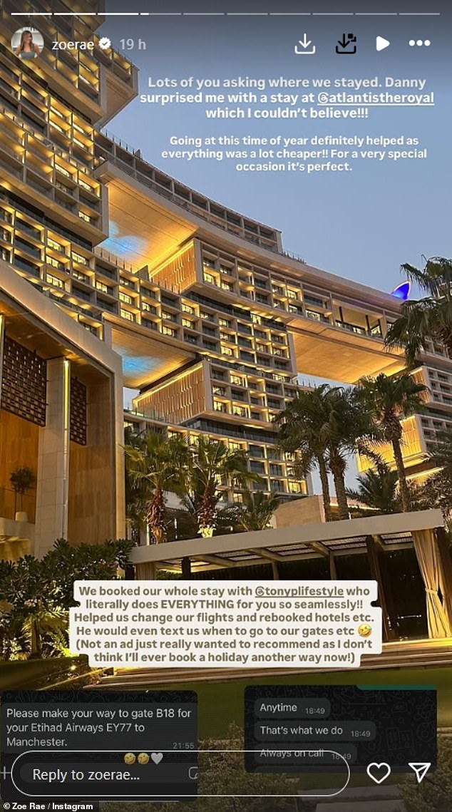 Zoe shared on Instagram: 'Danny surprised me with a stat at @atlantistheroyal which I couldn't believe!'