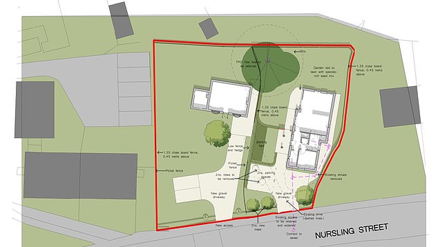 A plan showing the original cottage on the left and a new swelling on the right on the currently vacant lot, both of which were bought in April
