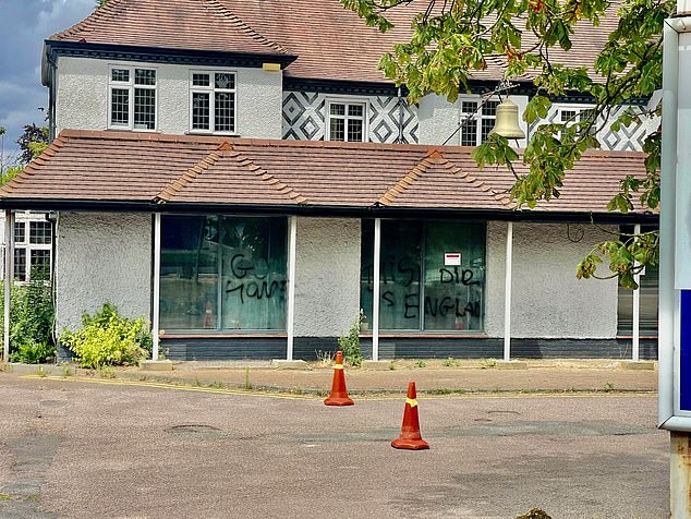 The vandalism comes after Sunday's fiery rally outside The Bell Hotel in Essex (pictured)