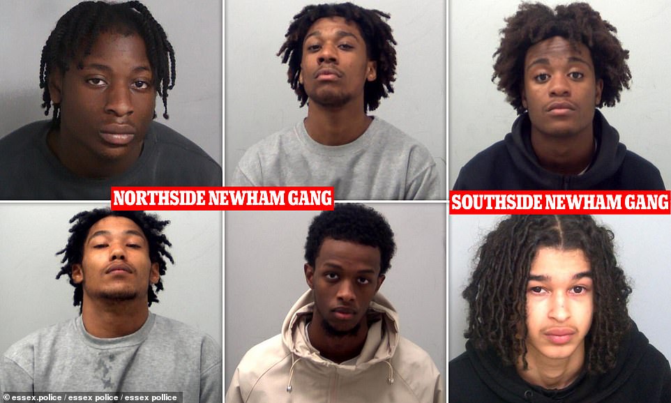 Jailed: Northsiders (clockwise from top left) Isaac Bello, 18, Lucas Braga, 18, Hamza Dinbil, 18 and Tyler Omo-Irogho, 19, and Southsiders Michael King, 18 (top) and Mekai Brown, 19. Other defendants were too young to be identified.