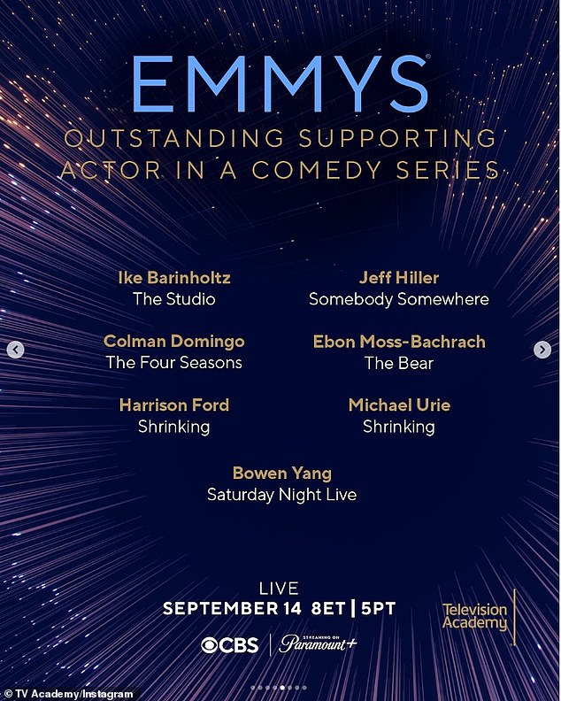 Other strong contenders include SNL's Bowen Yang, Somebody Somewhere's Jeff Hiller, The Four Seasons' Colman Domingo, and The Studio's Ike Barinholtz