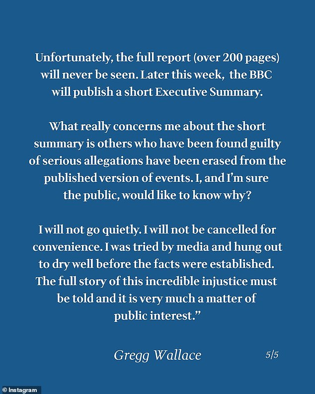 Gregg Wallace released a statement last week ahead of the Silkins report coming out