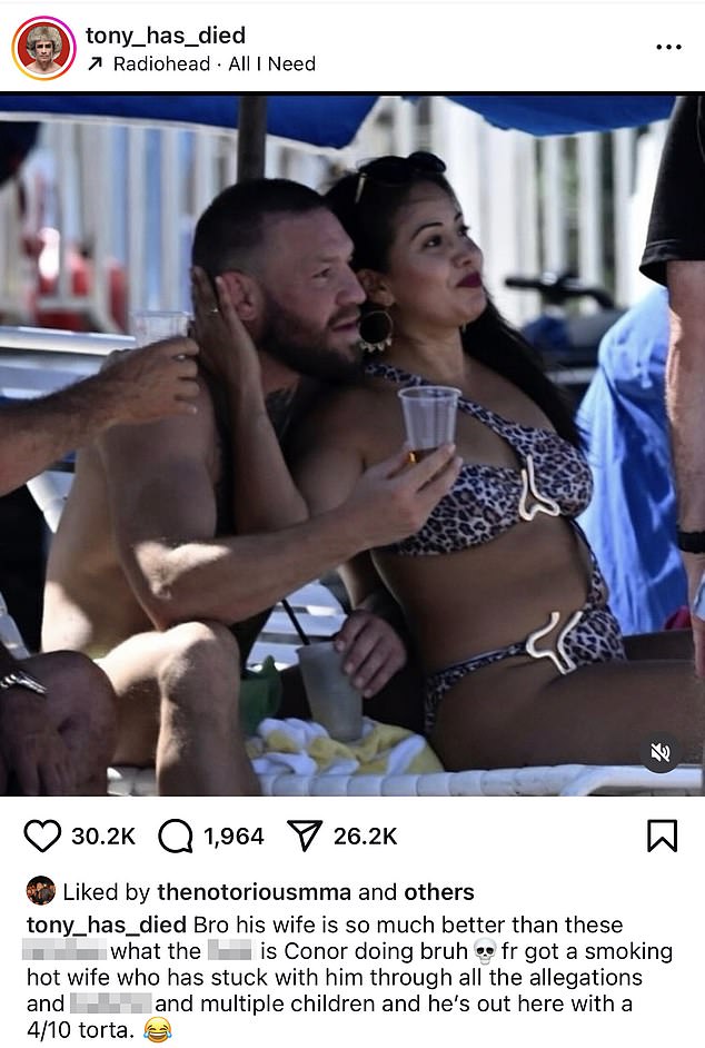 Conor has also been spotted 'liking' an Instagram post condemning him for playing away behind his fiancee Dee Devlin's back