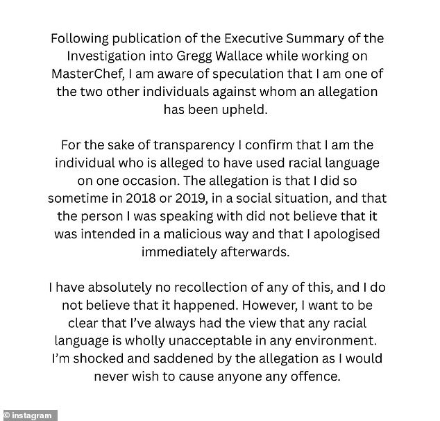 On Monday night Torode took to Instagram to confirm he had been accused of using racist language