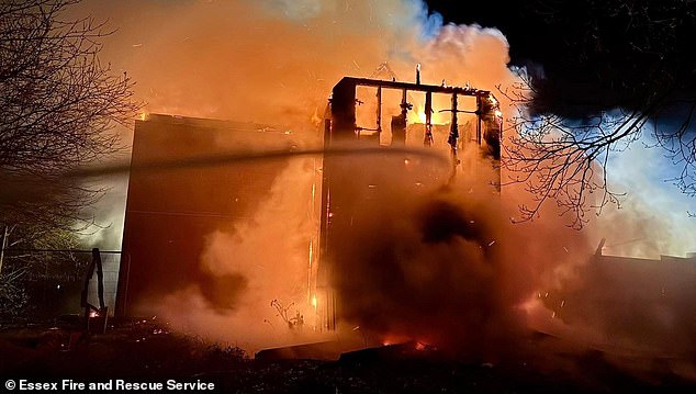 An arson attack on the nearby Epping Phoenix Hotel on March 28 was followed by another on The Bell Hotel eight days later (Pictured: The Phoenix Hotel on fire)