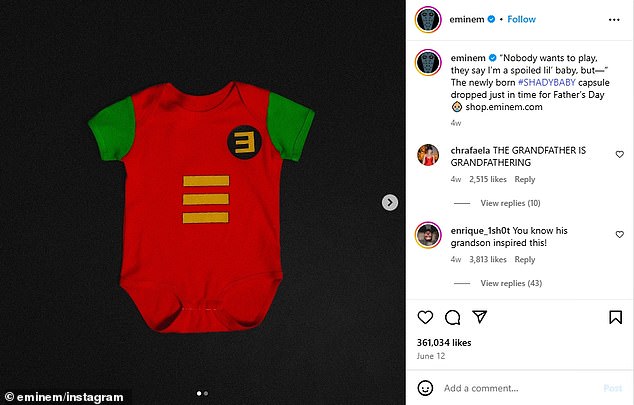 Since June 13, the 15-time Grammy winner has been promoting his $35 Shady Baby 'Rapboy Baby Onesie,' which is currently available for pre-order on his official merchandise website