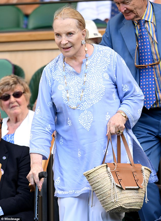 Princess Michael of Kent reacts as she attends day three of the Wimbledon Tennis Championships at the All England Lawn Tennis and Croquet Club on July 02, 2025 in London