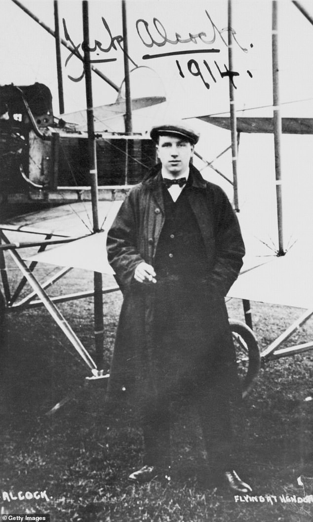 John Alcock pictured in 1914 in front of a plane. The pioneer was killed in 1919