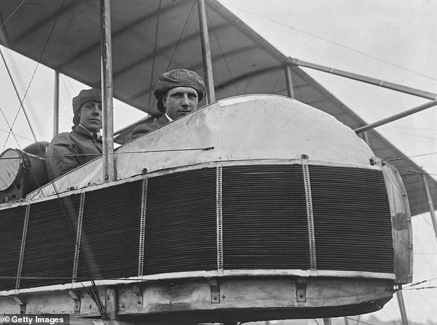 British aviators John Alcock and Arthur Brown in the cockpit, 1919