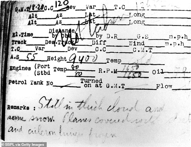 A page from the logbook used by Alcock and Brown during their historic flight