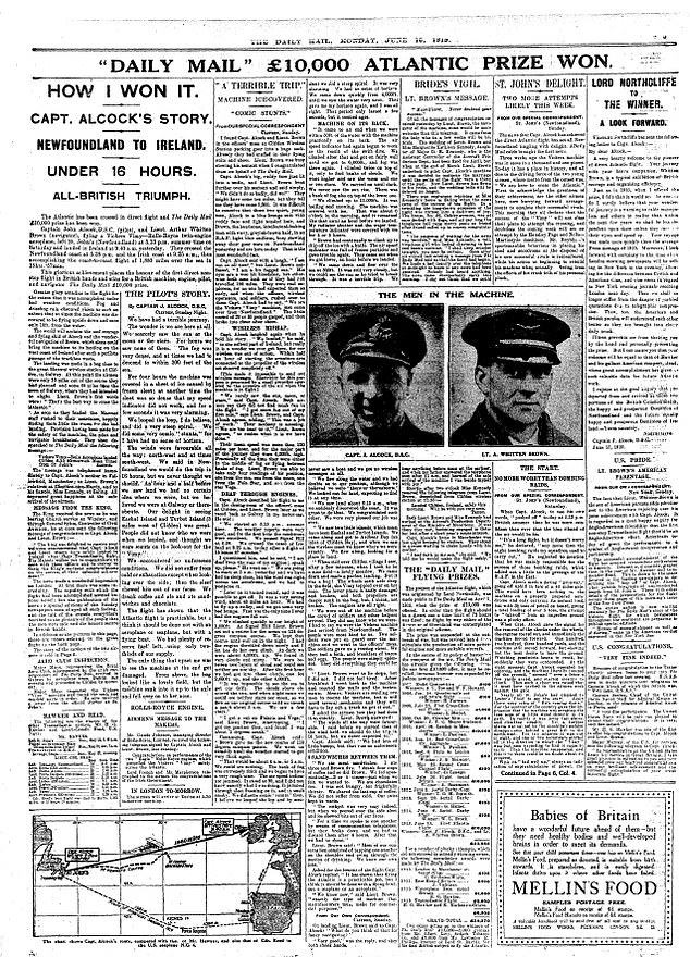 The Daily Mail's report of Alcock and Brown's successful transatlantic flight