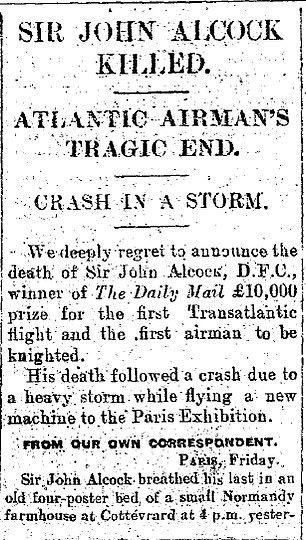 The Mail's report announcing Alcock's death