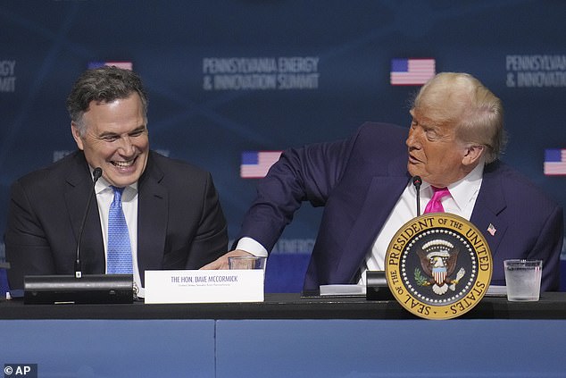 President Donald Trump (right) took credit for saving Sen. Dave McCormick's (left) life, telling the audience Tuesday that he had called McCormick up onstage at the fateful Butler rally but it was too crowded for the Senate GOP nominee to get there