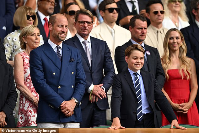 William and Prince George smile in the Royal Box during the trophy presentation following the Gentlemen's Singles Final