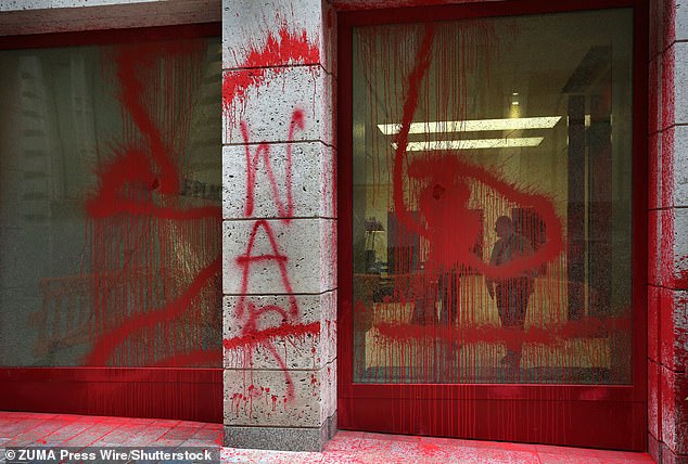 The site has been the scene of repeated protests in recent months. Back in June, activists daubed red paint on the exterior of Leonardo's office is left covered with red paint