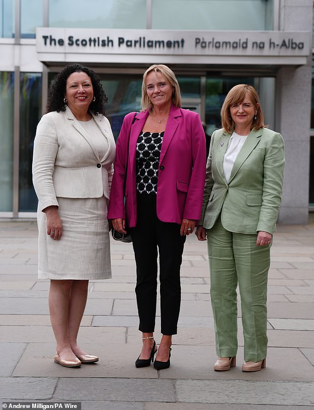 Nurse Sandie Peggie alongside gender-critical campaigners Maya Forstater (L) and her solicitor, Margaret Gribbon (R), outside the Scottish Parliament at Holyrood