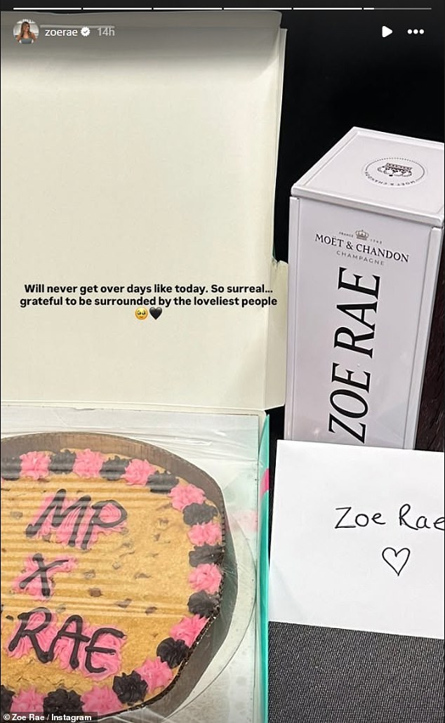 Later, she alluded to the backlash as she thanked her team, sharing a snap of personalised champagne as she gushed: 'Grateful to be surrounded by the loveliest people'