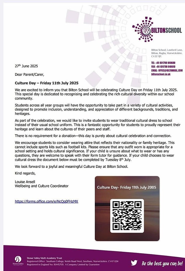 This is the letter that was sent to parents ahead of Culture Day - before the schoolgirl was sent home for wearing a Union Jack dress