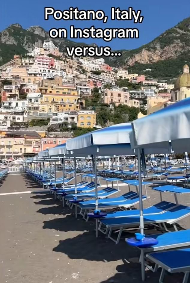 A woman visiting Positano, on Italy's Amalfi Coast, expressed her disappointment at the experience in a TikTok clip. She said: 'Social media lied. I've been dreaming of going to Positano on Italy's Amalfi Coast for years.' Pictured: The quiet beach the woman expected