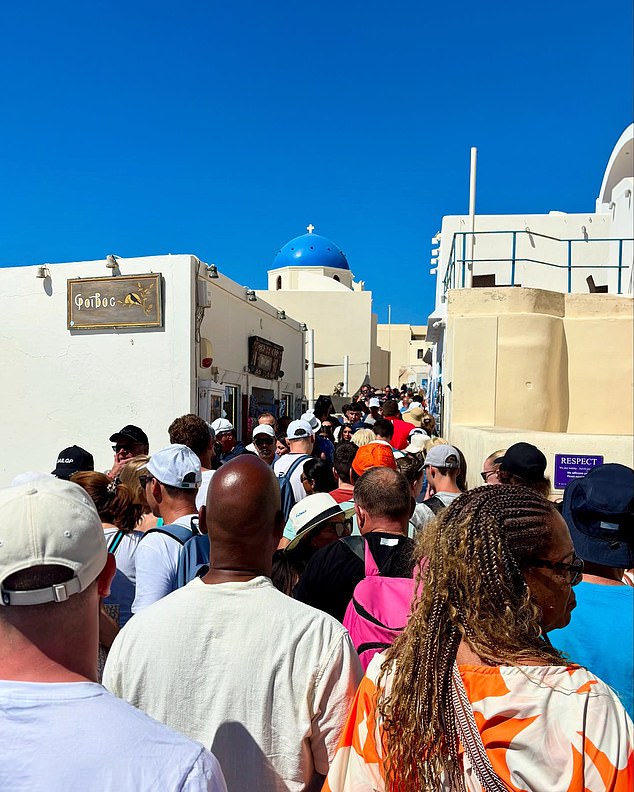 She posted a picture of a packed street writing, 'Santorini! When we stayed here in 2022 we scoffed at the people who came off the cruise ships. This time, we were those people! Santorini in summer is no joke. The heat, the crowds, the lines. No magic this time. Just sweat, nausea and swollen feet. 'Don't be deceived by the smiling faces'