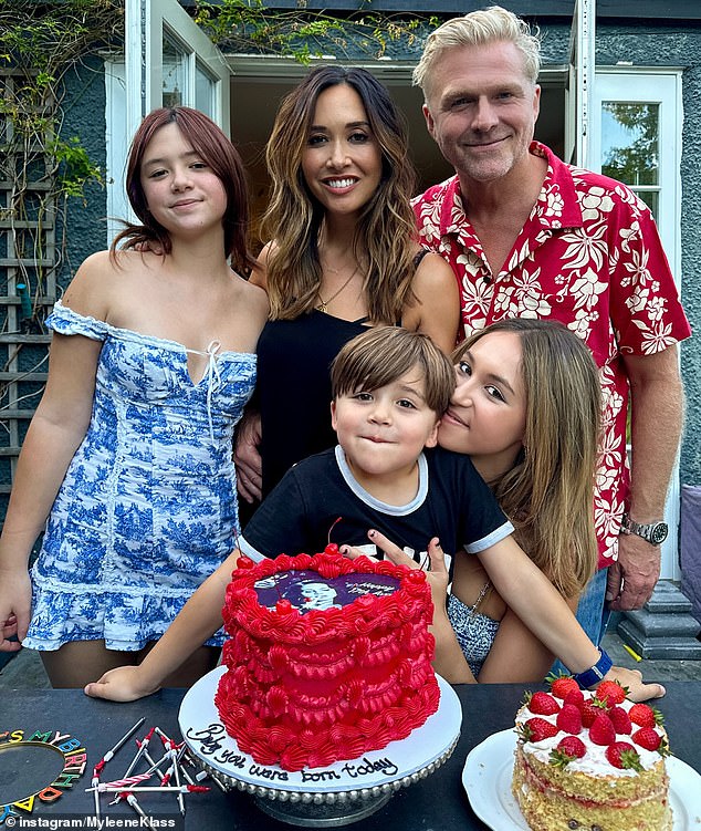 The star is a proud mum to three kids, five-year-old son Apollo, with fiancé Simon Motson and her two daughters Ava, 17, and Hero, 13, with her ex husband Graham Quinn (Pictured with her partner Simon Motson and her kids Apollo, Hero and Ava)