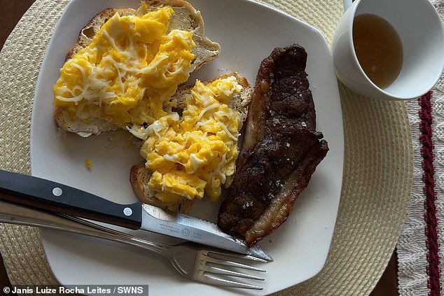 For breakfast, she has scrambled eggs and meat and, occasionally, bone broth, and then grilled meat for a late lunch