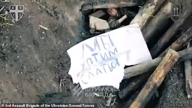 Footage shows both FPV and kamikaze ground drones striking a Russian dugout, before troops emerge holding a handwritten sign reading 'We want to surrender'