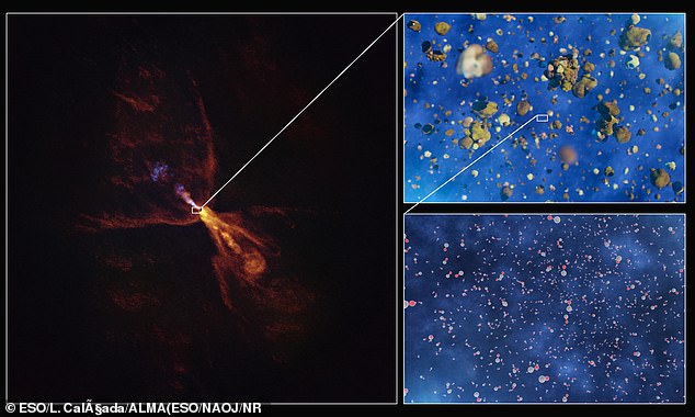 Scientists found that a key chemical around HOPS-315 is now in the form of both a gas (bottom) and a solid crystal (top). This is the 'smoking gun' that the process of planetary formation is just starting