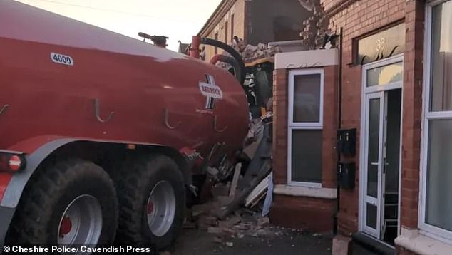 The tractor and trailer - containing animal waste - caused massive damage after ploughing into the terrace of houses in Chester