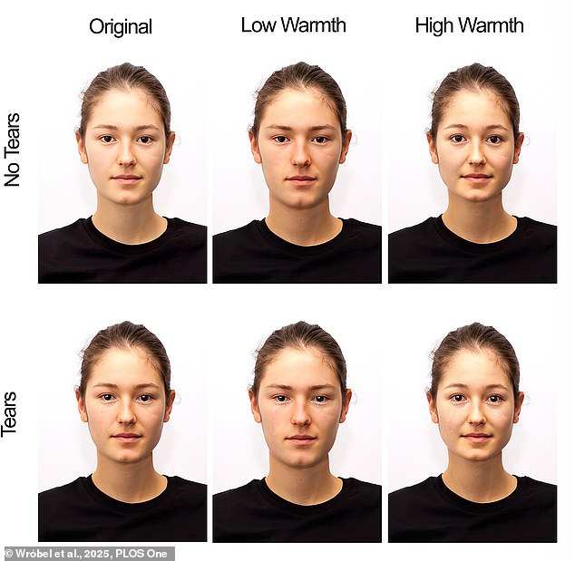 Some of the images used in the study, showing women with varying levels of 'warmth' with and without tears. Participants were asked to say how 'honest' they thought the tears were