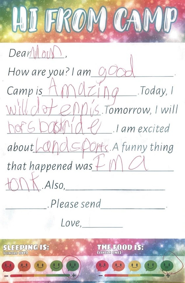 The third-grader said she was feeling 'good' and the camp in Hunts, Kerr County, was 'amazing', adding that she was enjoying playing tennis and horseback riding