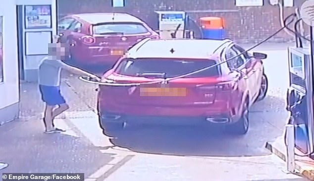 An alleged 'bilker' stands nonchalantly as he fills up his car - in a few seconds he'll hop back into his car without paying