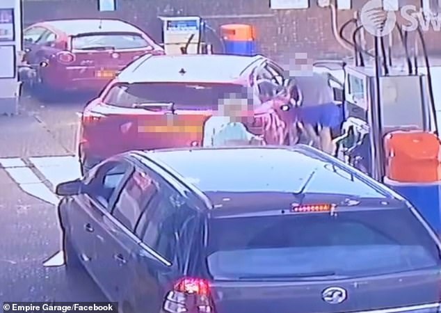 As another car approaches, he replaces the nozzle and immediately gets into his car and takes off without paying