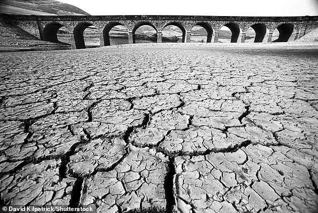 The parched and cracked bottom of Ladybower reservoir