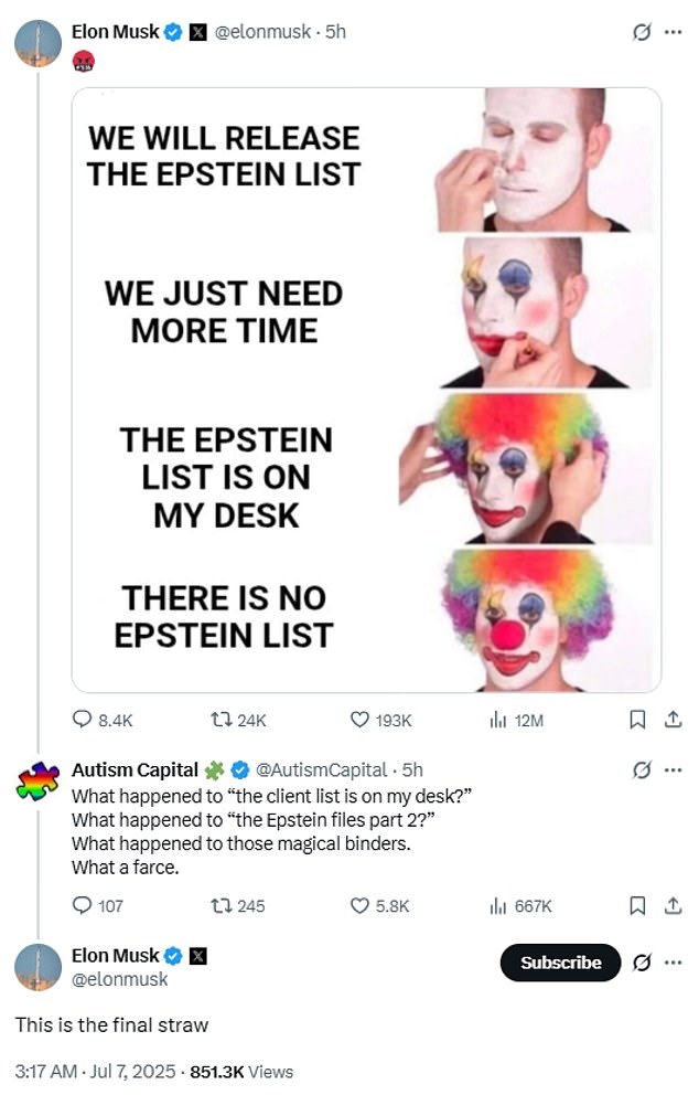 Musk had previously warned that the Trump administration's declaration that Epstein did, in fact, kill himself in prison and did not have a client list would be the 'final straw' for many Republicans