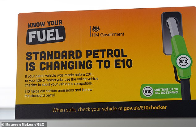 Filling stations ahead of September 2021's switchover from E5 to E10 unleaded displayed posters and billboards informing motorists about the risk to vehicles produced before 2011