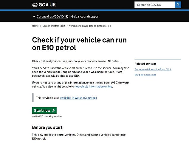 The Government has an E10 petrol online checker tool for motorists. You simply need to follow the prompts to enter details about your car to understand if it is compliant