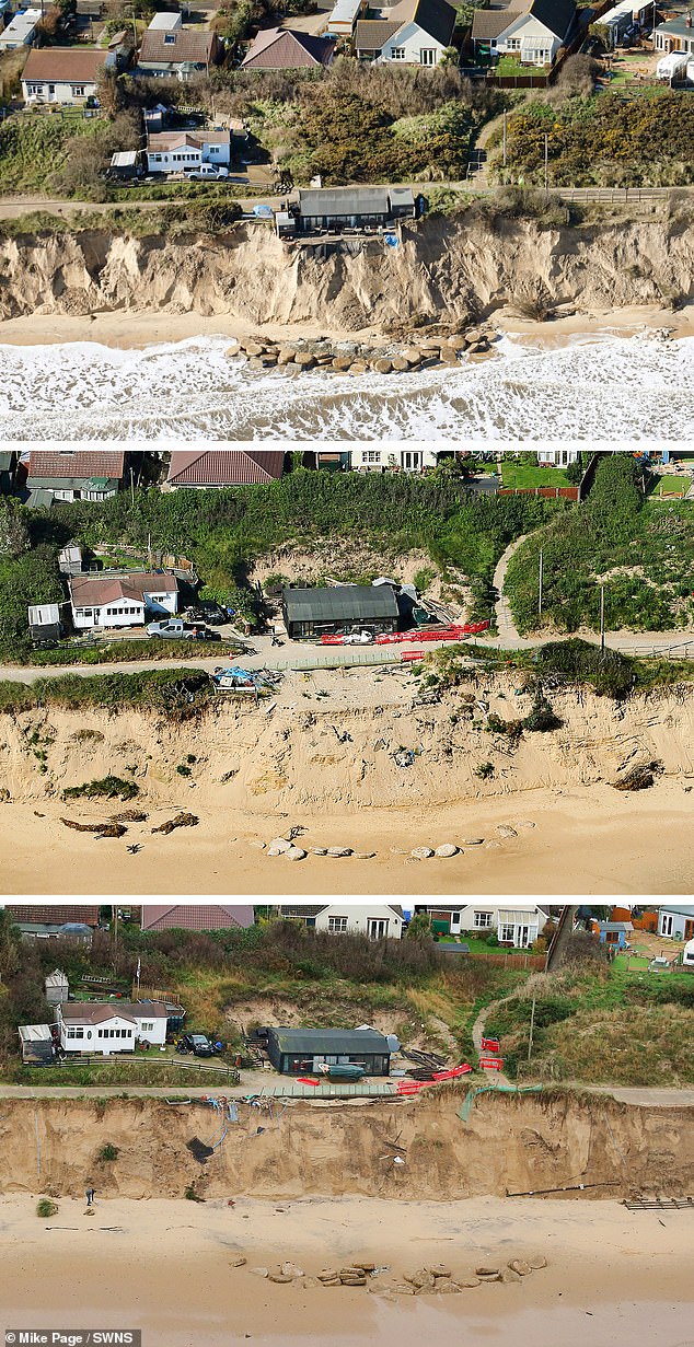 Lance Martin's home was teetering on the cliff edge in March 2023 (top) before he moved it back in August 2023 (middle). The land the house was originally built on fell into the sea in November 2023 (bottom)
