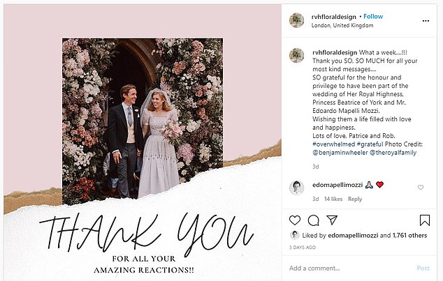 The bouquet was put together by Patrice Van Helden, co owner of RVH Floral Design, with blooms from the Savill Garden and Windsor Great Park