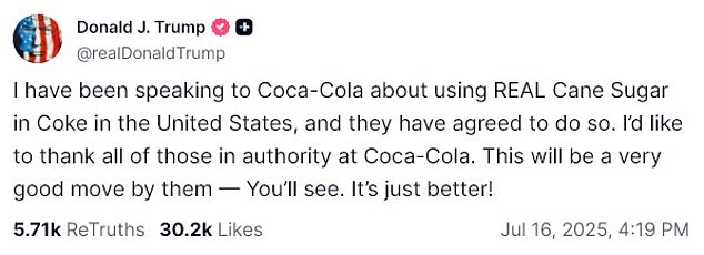 Trump posted about the Coke recipe on his Truth Social site