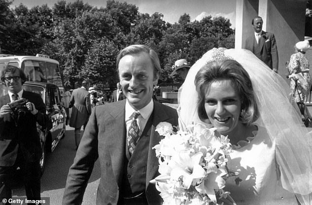 Camilla and her first husband Andrew Parker Bowles on their wedding day in July 1972