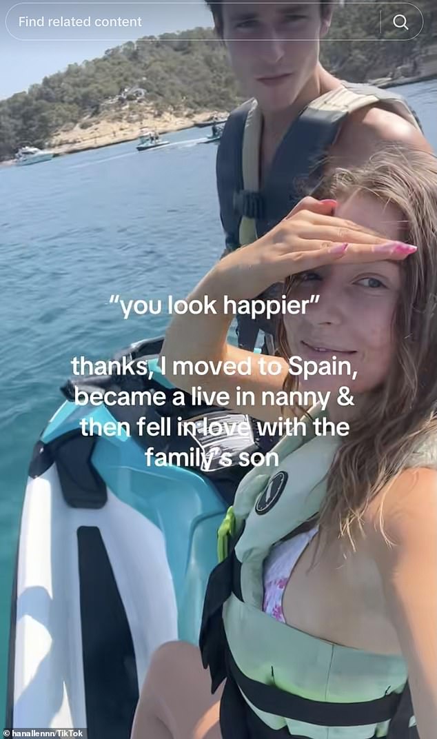 Her video, which racked up 8 million views, she wrote: 'You look happier'. 'Thanks, I moved to Spain, became a live-in nanny, then fell in love with the family's son'