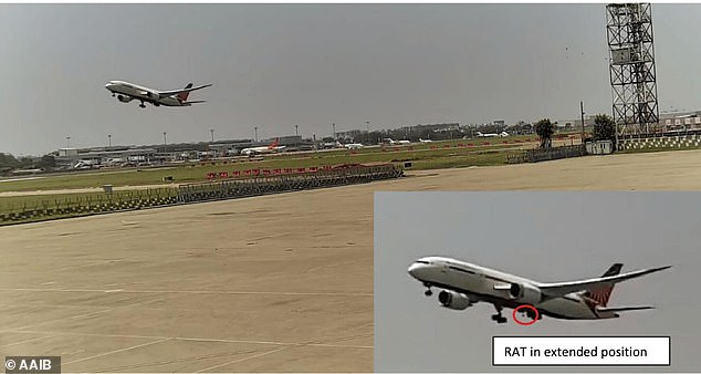 CCTV footage (pictured) from the airport shows the Ram Air Turbine (RAT) being deployed as the aircraft lifts off. Ameen Siddiqui, 28, whose brother-in-law, Akeel Nanabawa, died alongside his wife and their four-year-old daughter said: 'This report is wrong. We don't accept it'