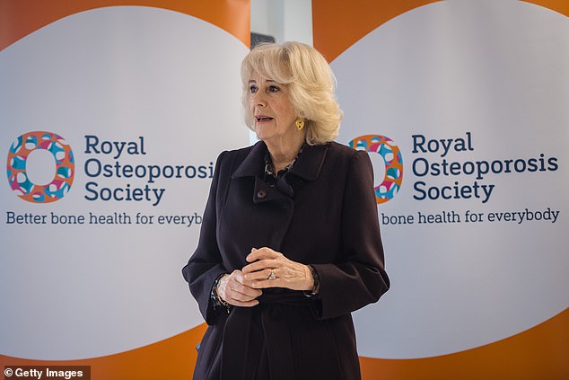 Since 1994 the Queen has been involved with the Royal Osteoporosis Society after losing her mother and grandmother to the disease. She is pictured in 2023