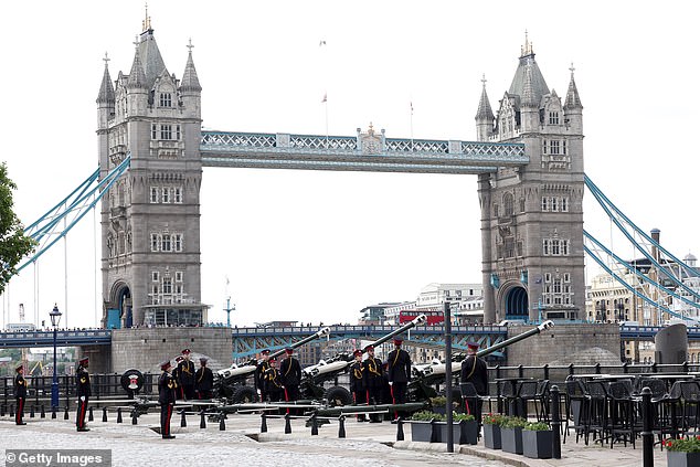 The Honourable Artillery Company prepare to fire a 62 Gun Royal Salute from Tower Wharf