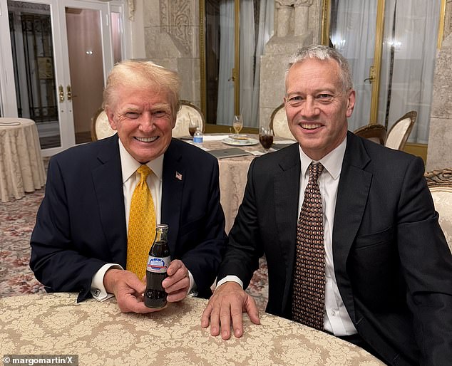 The president said he has been speaking with Coke executives about a recipe change (Pictured: Trump receiving the first ever Presidential Commemorative Inaugural Diet Coke bottle from the Chairman and CEO of Coca-Cola Company, James Quincey in January 2025)