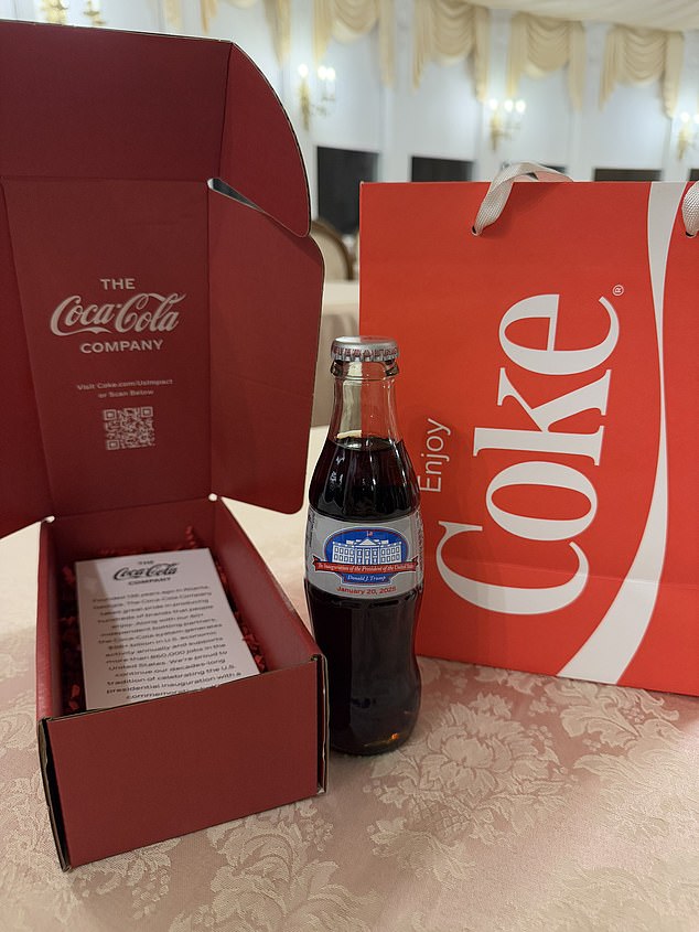 Pictured: The first ever Presidential Commemorative Inaugural Diet Coke bottle from the Chairman and CEO of Coca-Cola Company, James Quincey, gifted to Donald Trump